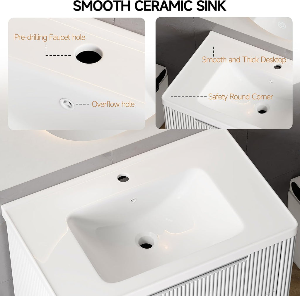 ONBRILL Modern Bathroom Vanity with Sink Combo, Curved Floating Bath Vanity with 2 Drawers, Wall Mount Bathroom Vanities with Integrated Ceramic Sink for Small Space, Apartment (White, 32')