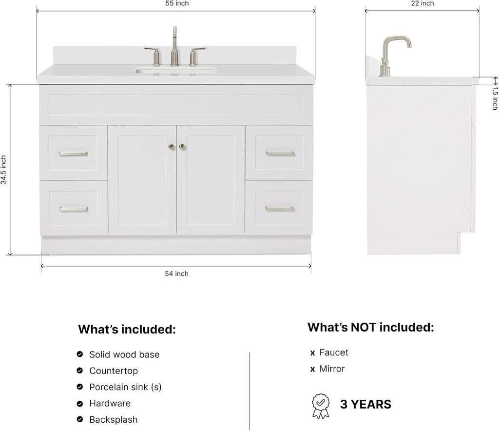 ARIEL Hamlet 54-inch Bathroom Vanity with Sink,Solid Wood, 1.5-inch Pure White Quartz Countertop & Backsplash, Single Rectangular Porcelain Sink, 2 Soft Closing Doors, 4 Dovetail Drawers, White
