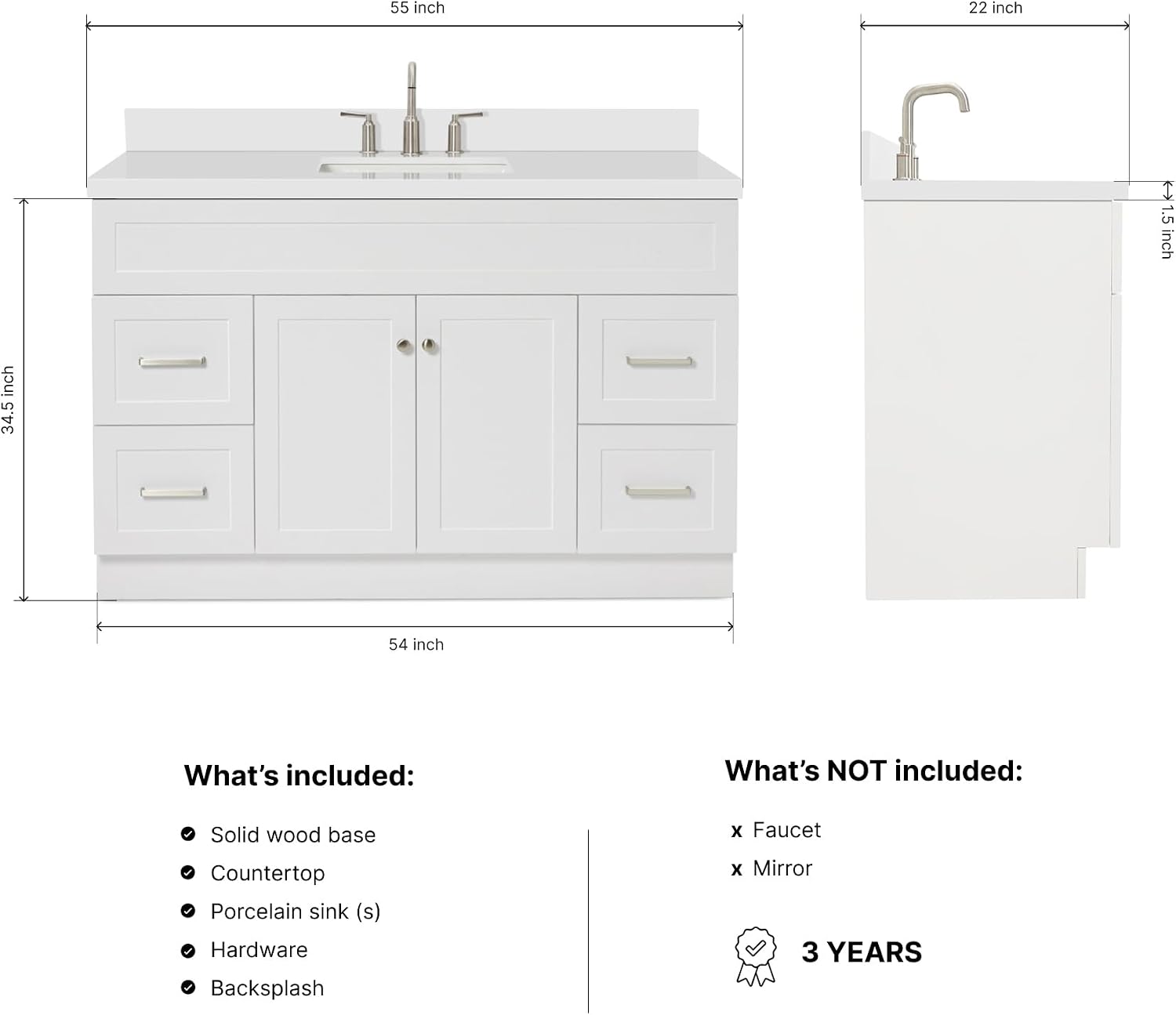 ARIEL Hamlet 54-inch Bathroom Vanity with Sink,Solid Wood, 1.5-inch Pure White Quartz Countertop & Backsplash, Single Rectangular Porcelain Sink, 2 Soft Closing Doors, 4 Dovetail Drawers, White