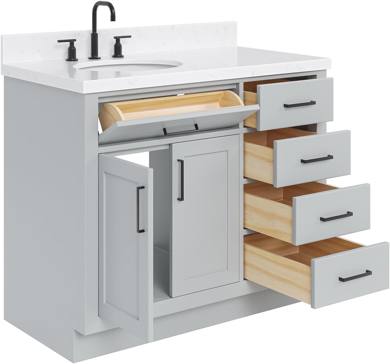 DKB Isabella 42-Inch Gray Bathroom Vanity with Sink, 1.5-Inch Carrara Quartz Countertop, Left Oval Undermount Sink, Solid Wood, 2 Soft-Closing Doors, 5 Full Extension Dovetail Drawers, Toe Kick