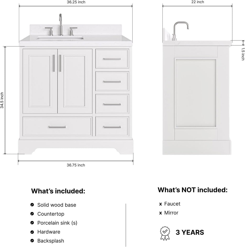 ARIEL Stafford 36-inch Bathroom Vanity with Sink,Solid Wood, 1.5-inch Carrara White Quartz Countertop, Single Rectangular Porcelain Sink, 2 Soft Closing Doors, 5 Dovetail Drawers, White