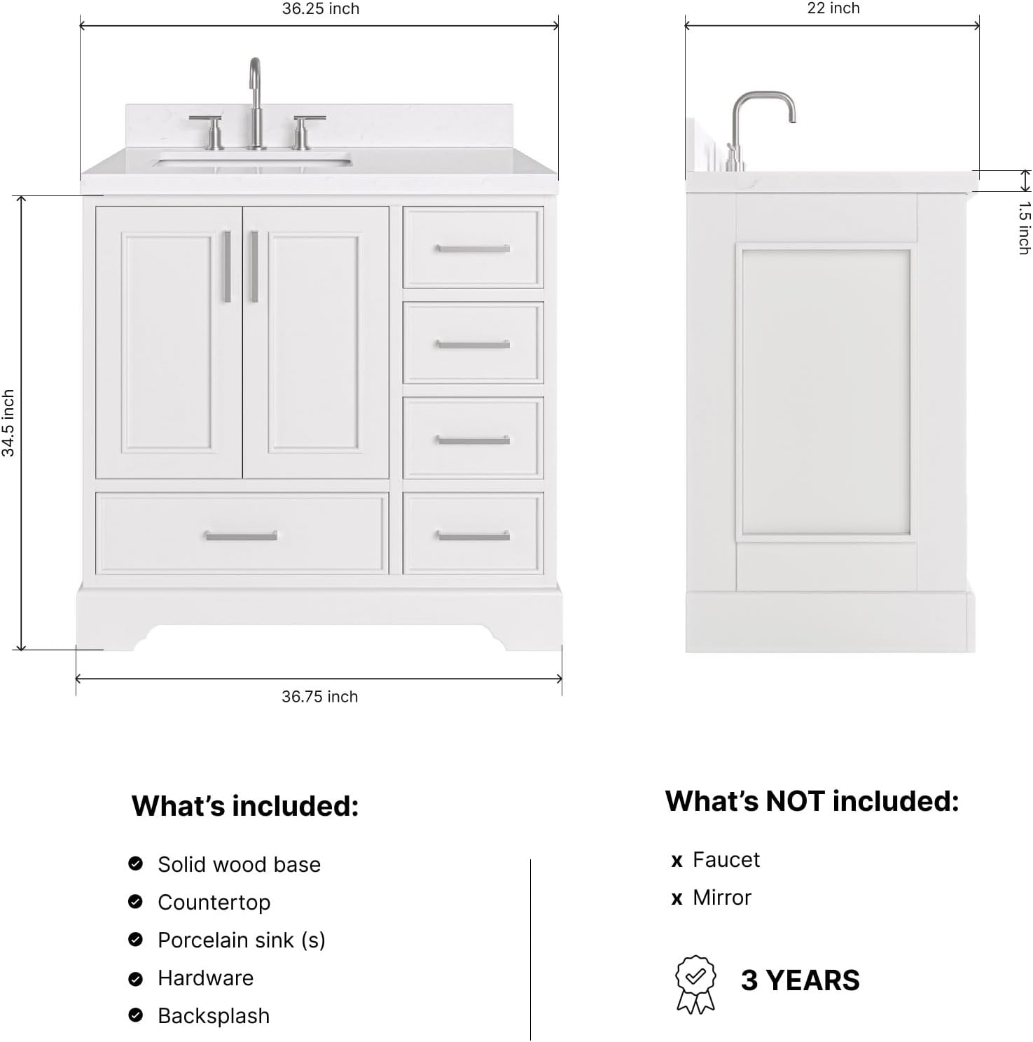 ARIEL Stafford 36-inch Bathroom Vanity with Sink,Solid Wood, 1.5-inch Carrara White Quartz Countertop, Single Rectangular Porcelain Sink, 2 Soft Closing Doors, 5 Dovetail Drawers, White