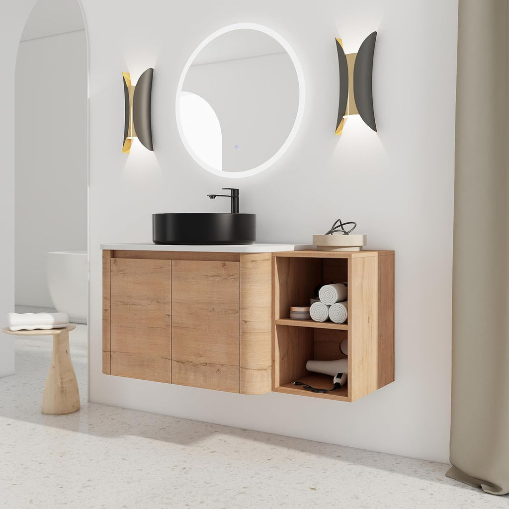42 Inch Wall-Mounted Bathroom Vanity with Sink Combo Modern Floating Bathroom Vanitites with Round Ceramic Vessel Sink 42' Bathroom Sink Cabinet with Marble Counter Top & 1 Side Storage Shelf