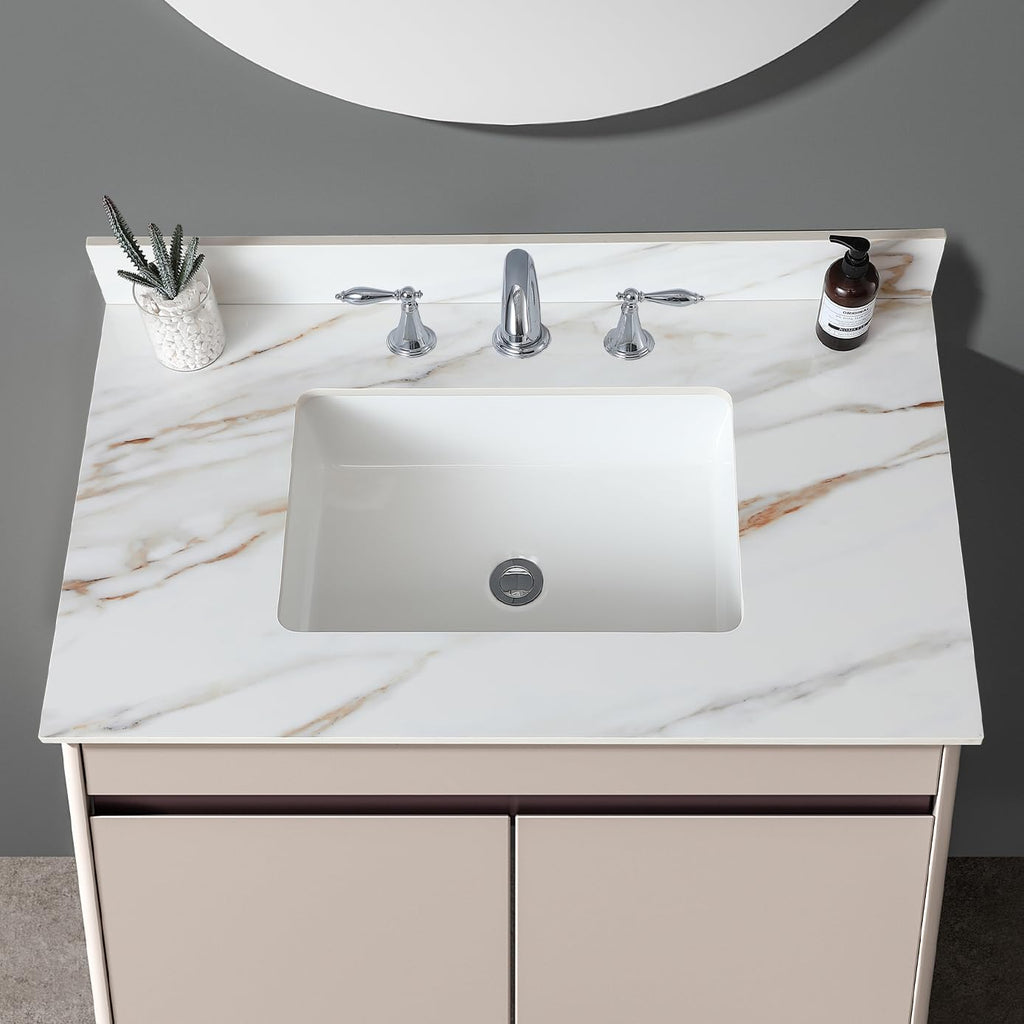 37' Bathroom Vanity Top with Ceramic Undermount Sink & Backsplash,Calacatta Gold Sintered Stone Counter Top, 3 Holes Vanity Sink Top