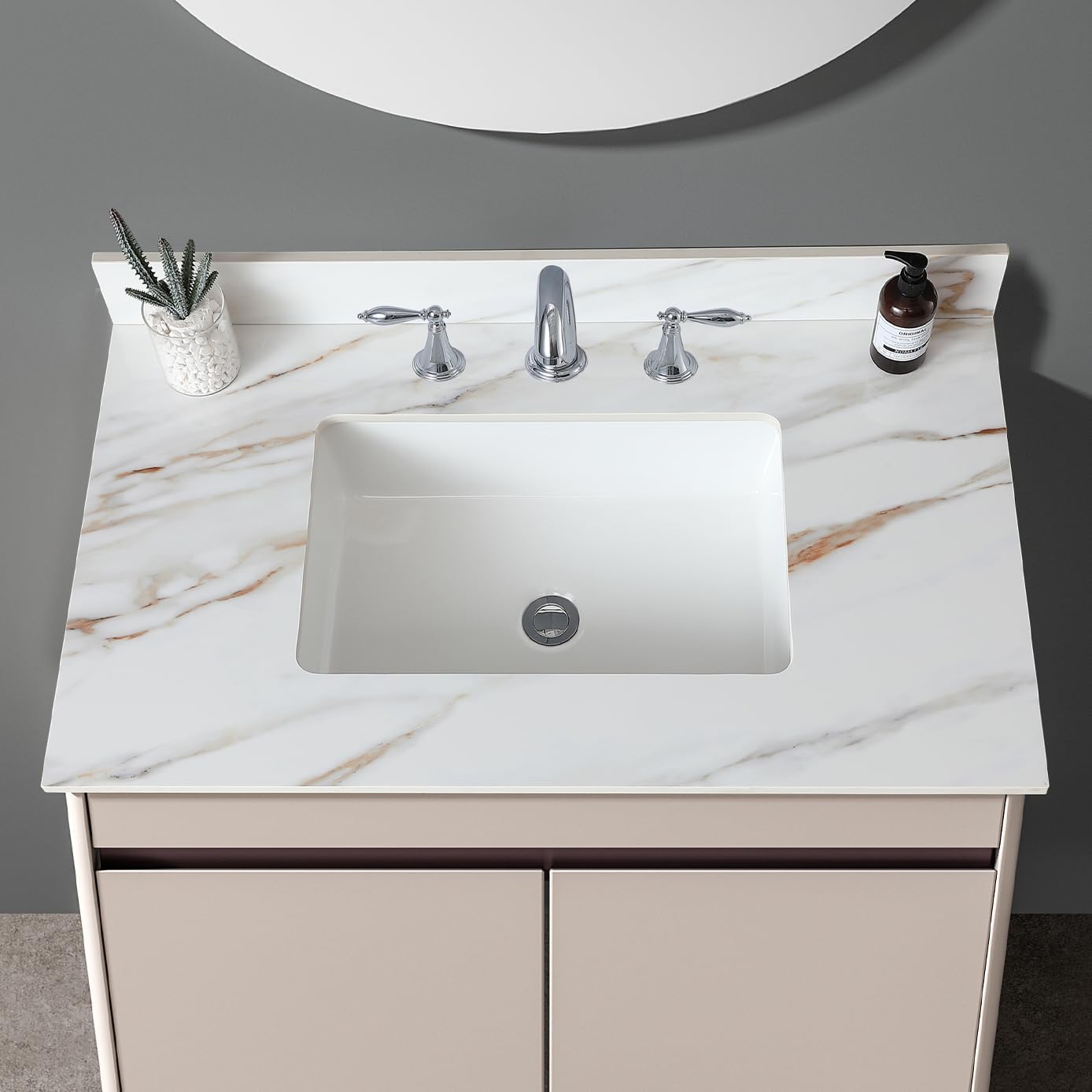 37' Bathroom Vanity Top with Ceramic Undermount Sink & Backsplash,Calacatta Gold Sintered Stone Counter Top, 3 Holes Vanity Sink Top