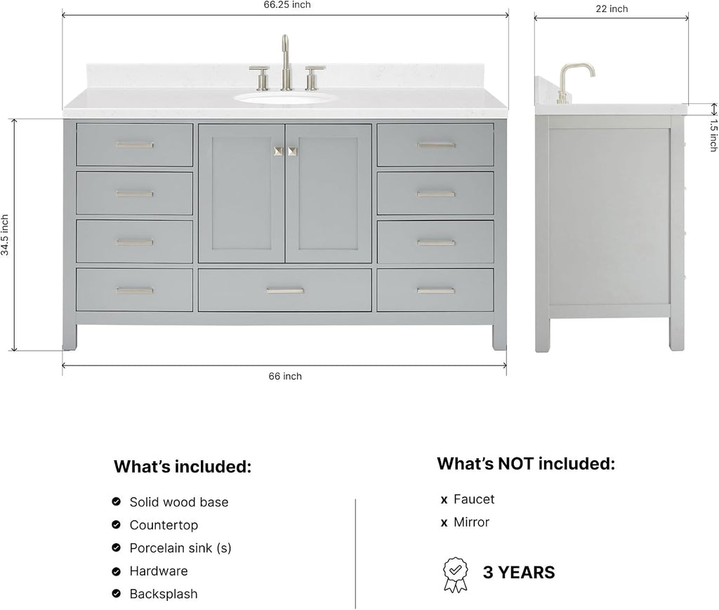 ARIEL Cambridge 66-inch Bathroom Vanity with Sink,Solid Wood, 1.5-inch Carrara White Quartz Countertop & Backsplash, Single Oval Porcelain Sink, 2 Soft Closing Doors, 9 Dovetail Drawers, Grey
