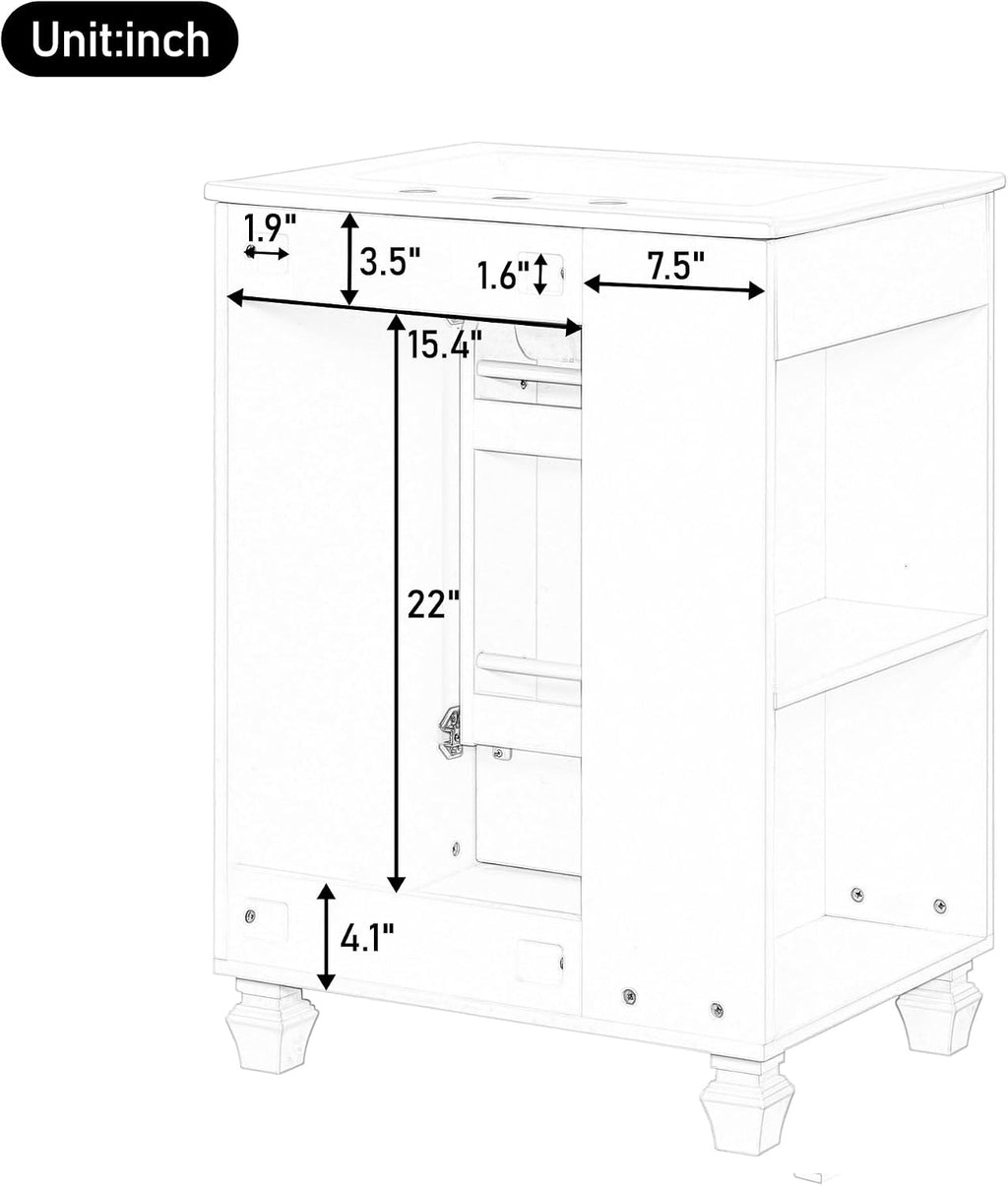 24-inch Bathroom Vanity with Sink Combo, Free-Standing Single Storage Cabinet with Door Shelf, Side Open Storage, and Cabinet, Vanity with Ceramic Basin for Bathroom (White)