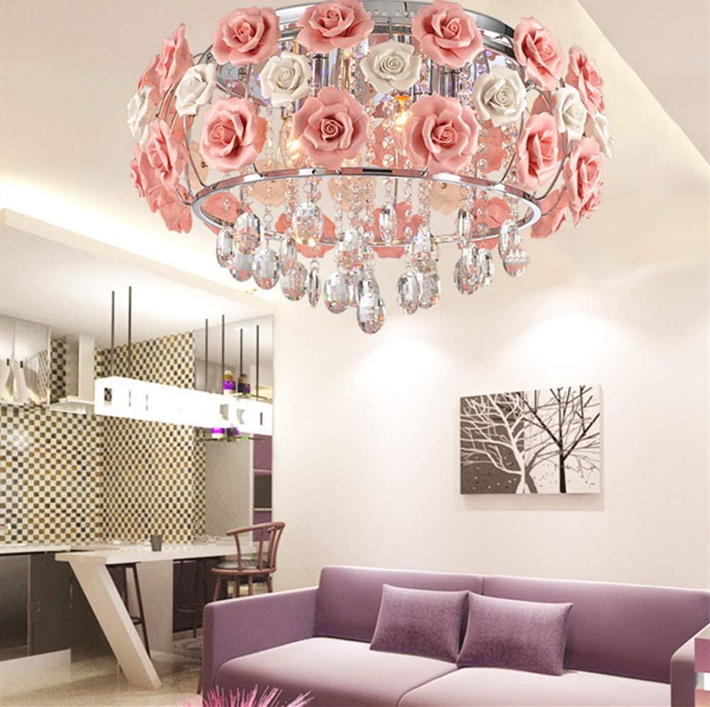 19.5inch Crystal Ceiling Light Fixtures Flush Mount Ceramic Rose Flowers, Chandelier Pendant Lighting with 5-Light E12 Socket for Living/Dining Room Bedroom Girl Room