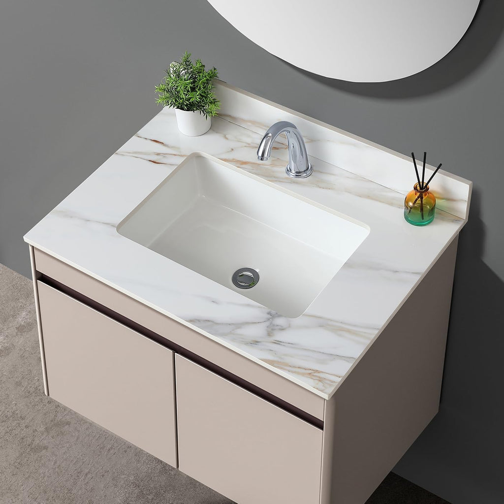 31' Bathroom Vanity Top with Ceramic Undermount Sink & Backsplash,Calacatta Gold Sintered Stone Counter Top, Single Hole Vanity Sink Top