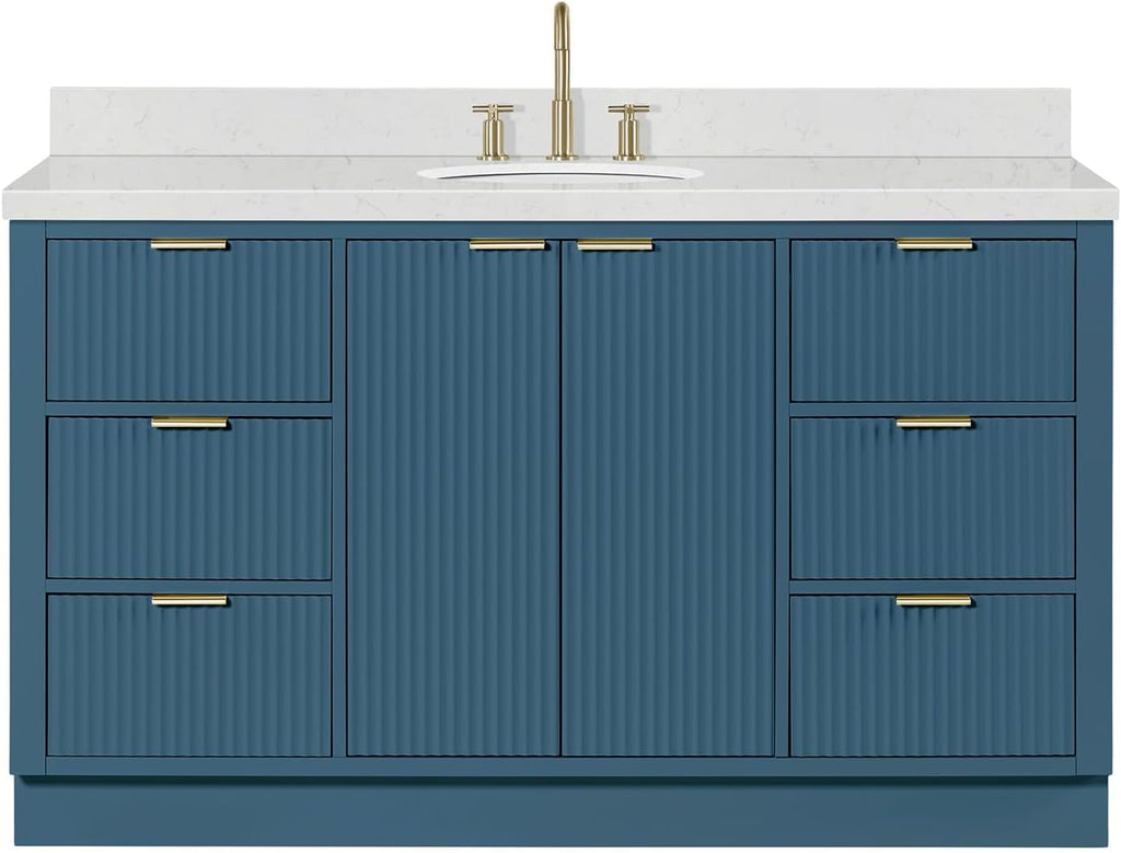ARIEL Milan 60-inch Bathroom Vanity with Sink,Solid Wood, 1.5-inch Carrara White Quartz Countertop, Single Oval Porcelain Sink, Soft Closing Doors, Dovetail Drawers, Vintage Blue