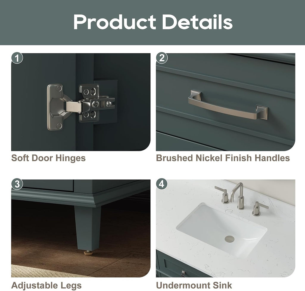 42 Inch Bathroom Vanity with Sink, Single Sink Bathroom Vanity with Adjustable Feets, Modern Bathroom Storage Cabinet with Soft Closing Doors & Dovetail Drawers, Green