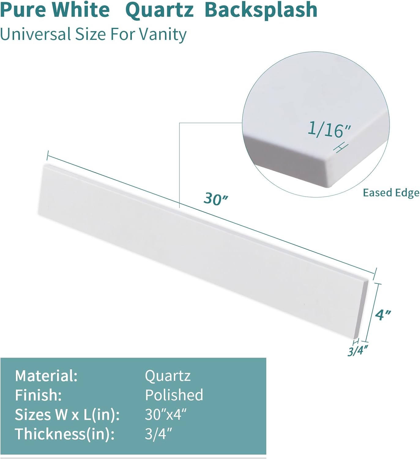 30 Inch Backsplash in Pure White, Quartz Backsplash for Bathroom Vanity Sink Top, 30 in. W x 4 in. H Universal Bathroom Vanity Backsplashes