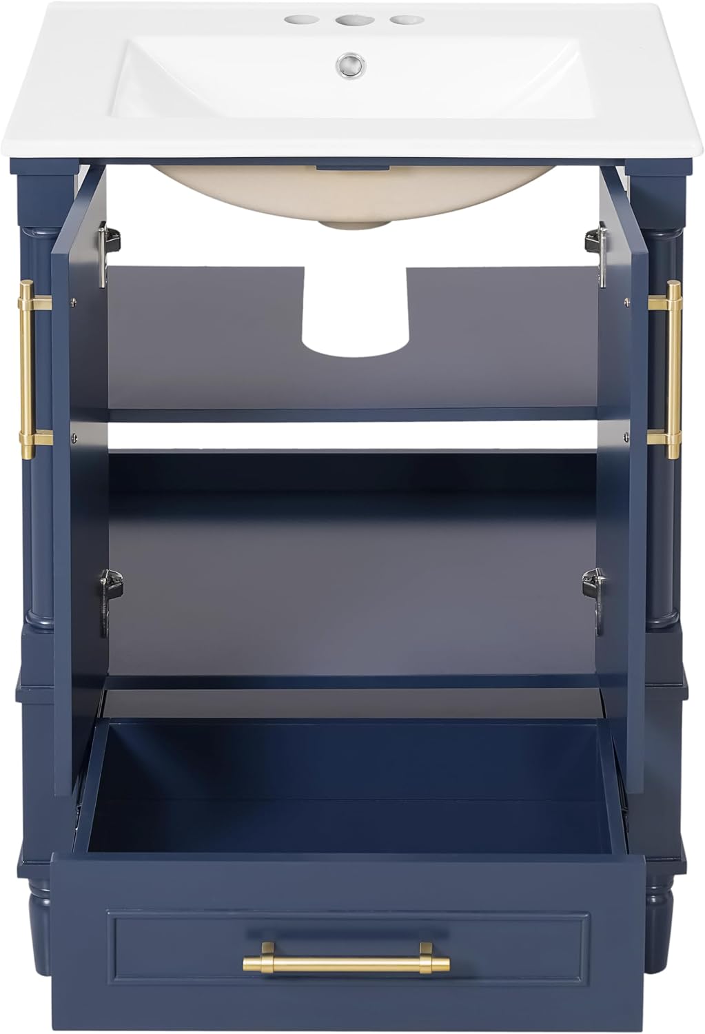 VilroCaz 24' Modern Bathroom Vanity with Ceramic Sink, Ornate Motif Design Doors & Soft-Close Hinges, Wood Bathroom Cabinet with Drawer, Ornately Carved French Cylinder Legs (Dark Blue-4.23)