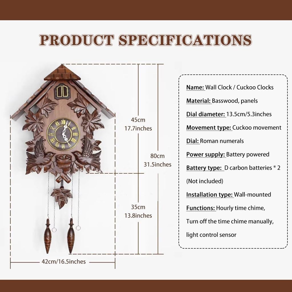 Cuckoo Clocks Solid Wood Hand Carved Cuckoo Clock, Light Control Sensor Wall Clock, Quartz Movement European Clock, for Living Room, Bedroom