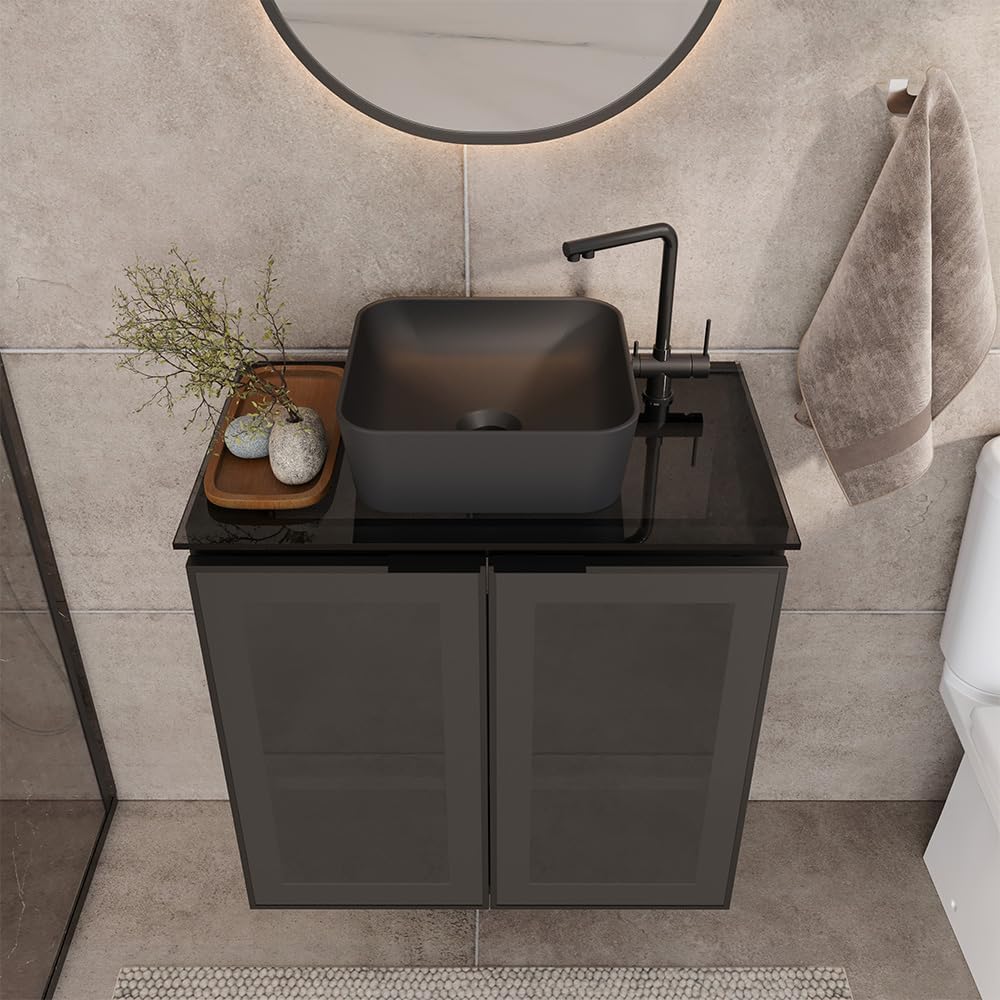 COZIMAX Umbu Combo Black Steel Bathroom Vanity Set 24' with Tempered Glass Countertop and Door, Black Square Ceramic Sink