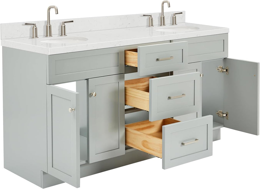 ARIEL Hamlet 66-inch Bathroom Vanity with Sink,Solid Wood, 1.5-inch Carrara White Quartz Countertop & Backsplash, Double Oval Porcelain Sink, 4 Soft Closing Doors, 3 Dovetail Drawers, Grey