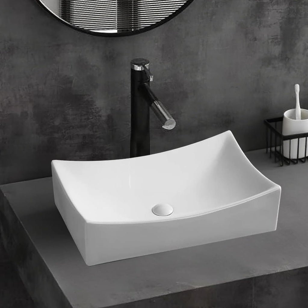 SouNor Rectangle Bathroom Vessel Sink Above Counter Square Bowl Countertop 20'x15' Inches Modern Contemporary Porcelain Big Large Ceramic Wash Lavatory Basin Rectangular Sinks White,20' (Small)
