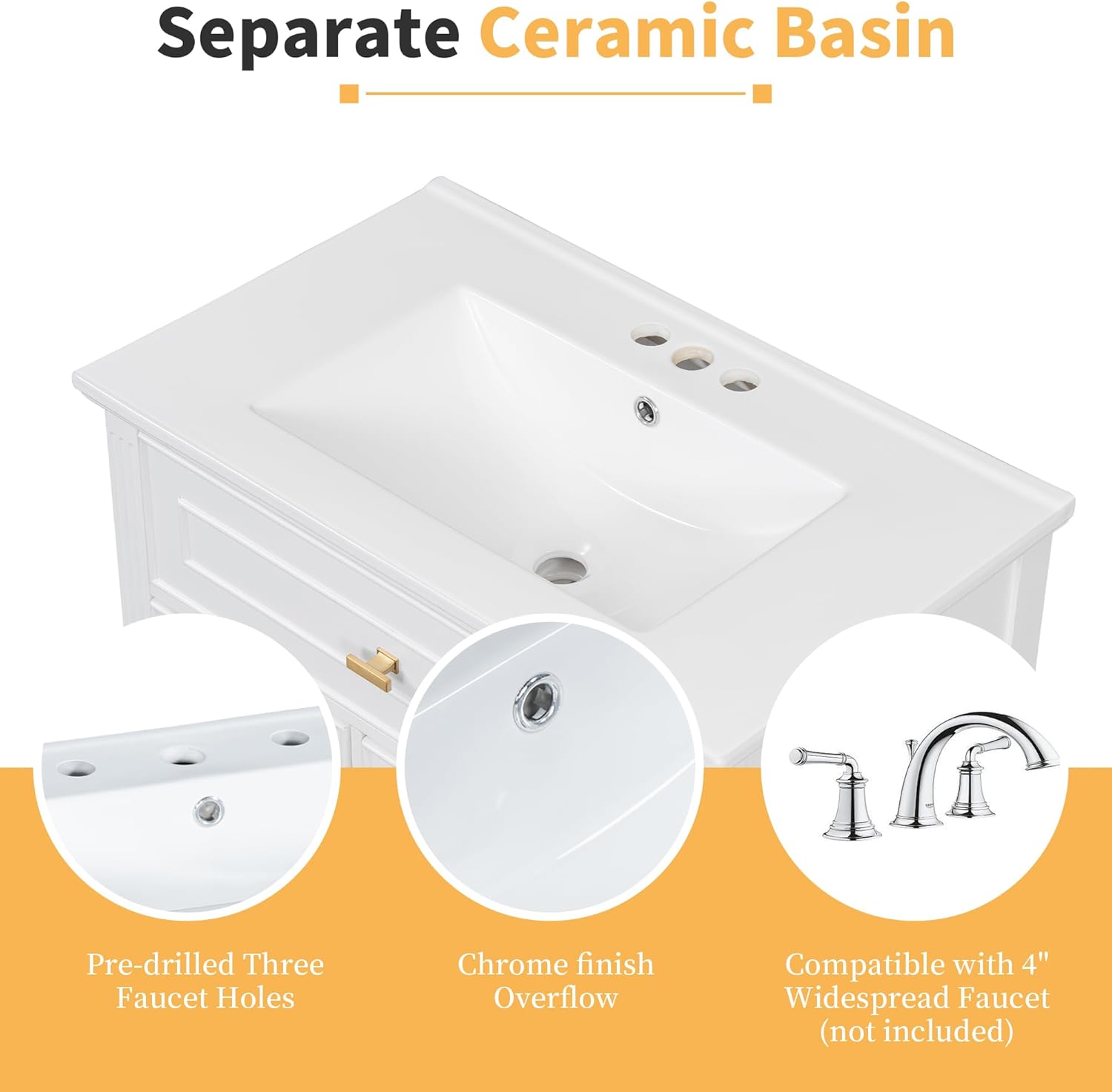 Harper & Bright Designs 30' Bathroom Vanity with Sink, Free Standing Vanity Set with Tip-Out Drawer, 2 Drawers, and Adjustable Shelf, Wood Bathroom Cabinet with Ceramic Basin for Bathroom, White