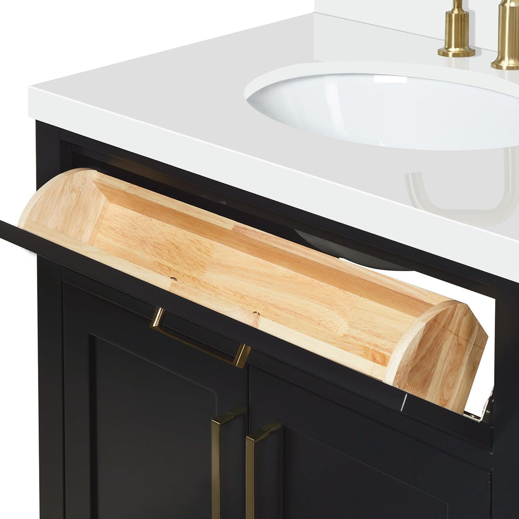 ARIEL Hepburn 30-inch Bathroom Vanity with Sink,Solid Wood, 1.5-inch Pure White Quartz Countertop & Backsplash, Single Oval Porcelain Sink, 2 Soft Closing Doors, 1 Dovetail Drawers, Black
