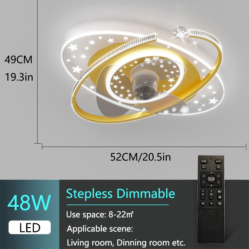 Indoor Kids Ceiling Fan with Lights Remote Dimmable 48W LED Ceiling Lights Fan Lighting Yellow Mute Ceiling Fans Indoor 6 Speeds Fan Ceiling with Light for Study Room Children's Bedroom