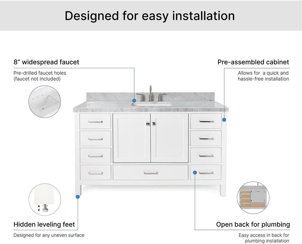 ARIEL Cambridge 60-inch Bathroom Vanity with Sink,Solid Wood, 1.5-inch Italian Carrara Marble Countertop, Single Rectangular Porcelain Sink, 2 Soft Closing Doors, 9 Dovetail Drawers, White