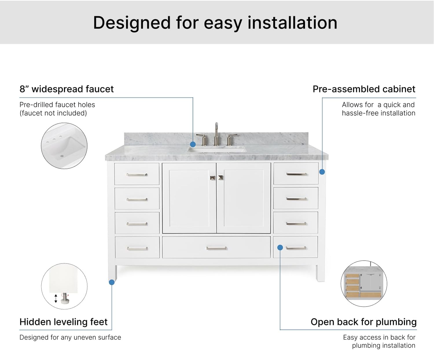 ARIEL Cambridge 60-inch Bathroom Vanity with Sink,Solid Wood, 1.5-inch Italian Carrara Marble Countertop, Single Rectangular Porcelain Sink, 2 Soft Closing Doors, 9 Dovetail Drawers, White