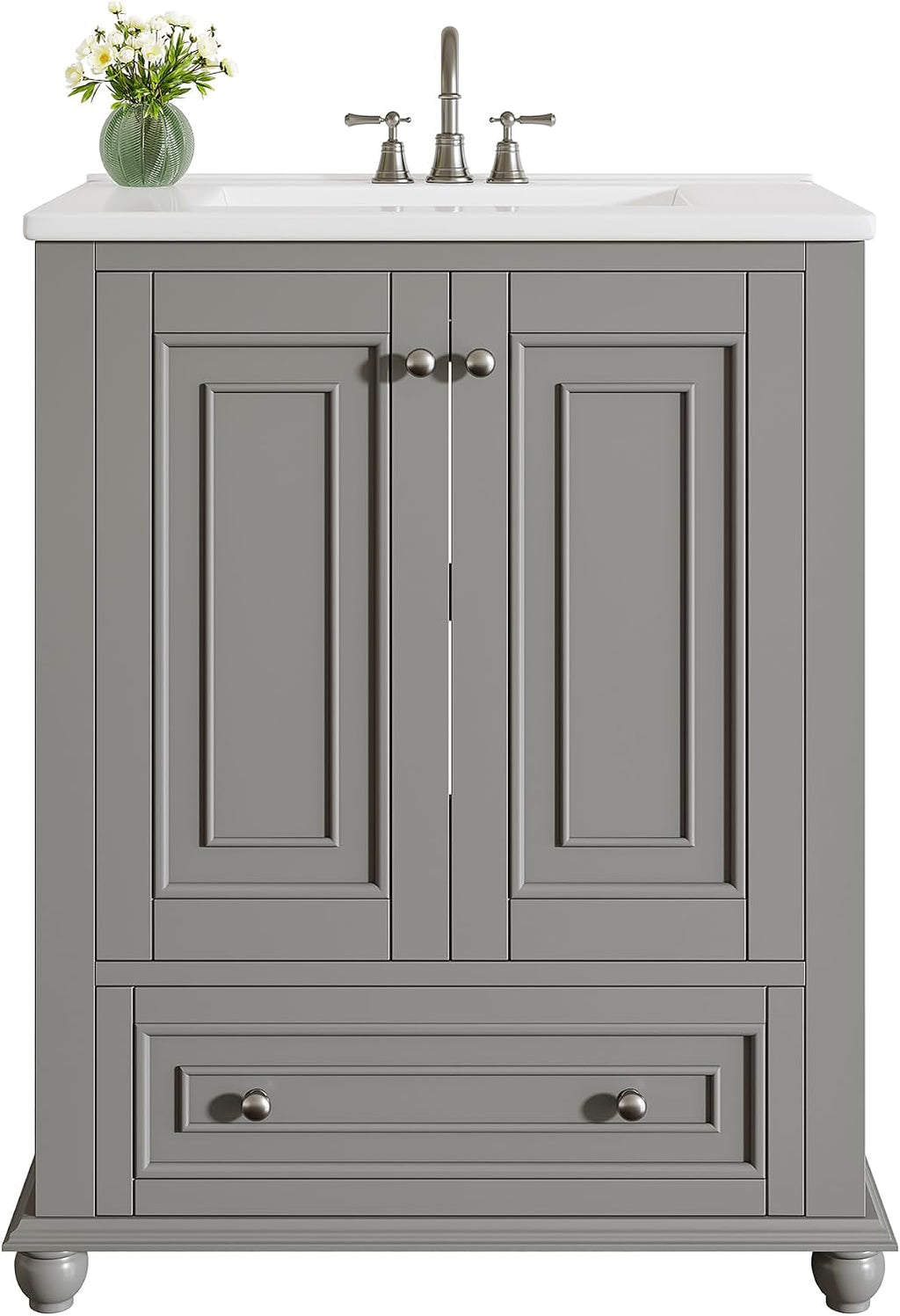 Tribesigns 24' Bathroom Vanity with Ceramic Sink Combo, Freestanding Bathroom vanities Storage Cabinet with 2 Doors & 1 Drawer, Solid Wooden Frame & Coated Surface, Metal Handle (Grey, 24 Inch)
