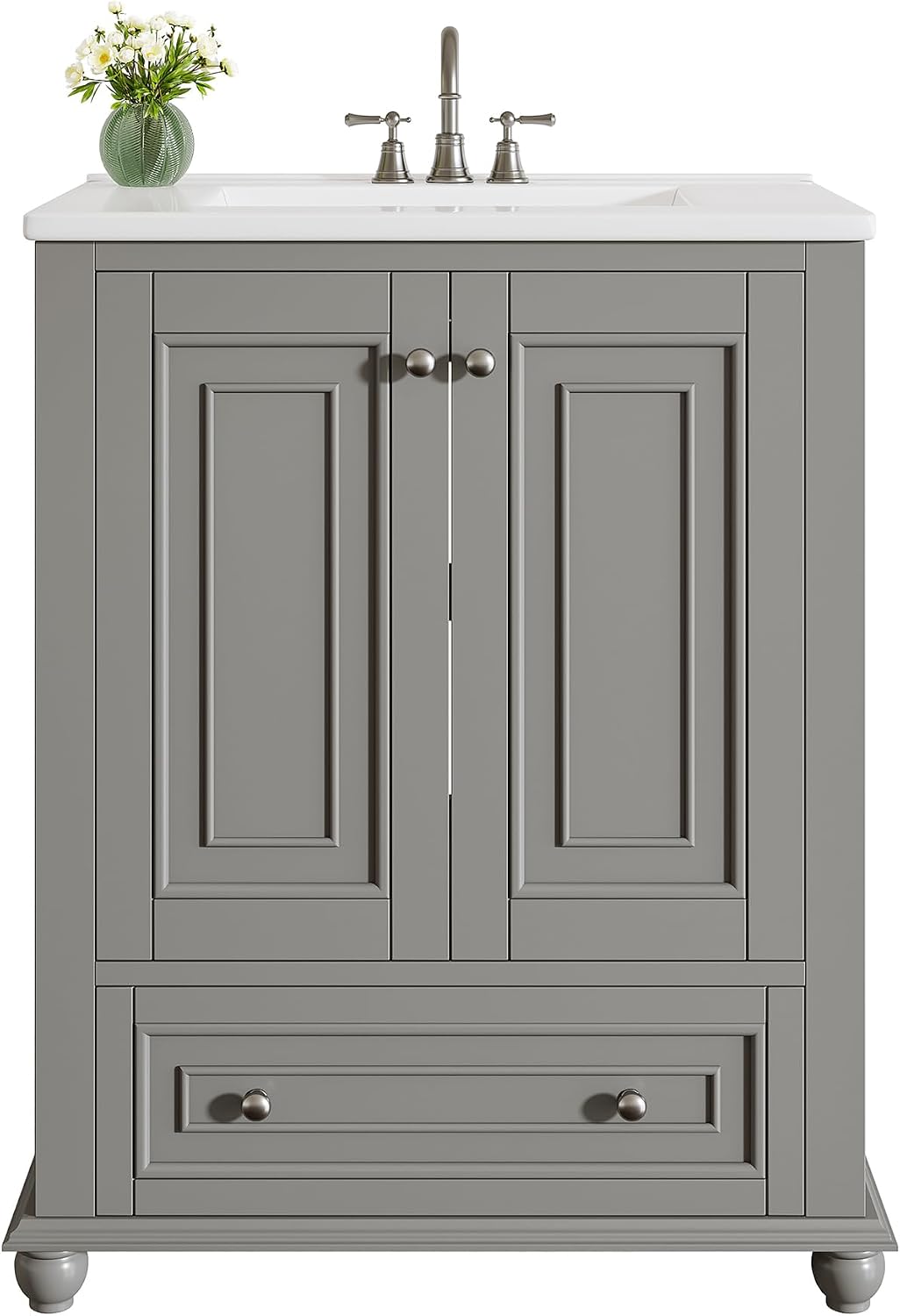 Tribesigns 24' Bathroom Vanity with Ceramic Sink Combo, Freestanding Bathroom vanities Storage Cabinet with 2 Doors & 1 Drawer, Solid Wooden Frame & Coated Surface, Metal Handle (Grey, 24 Inch)
