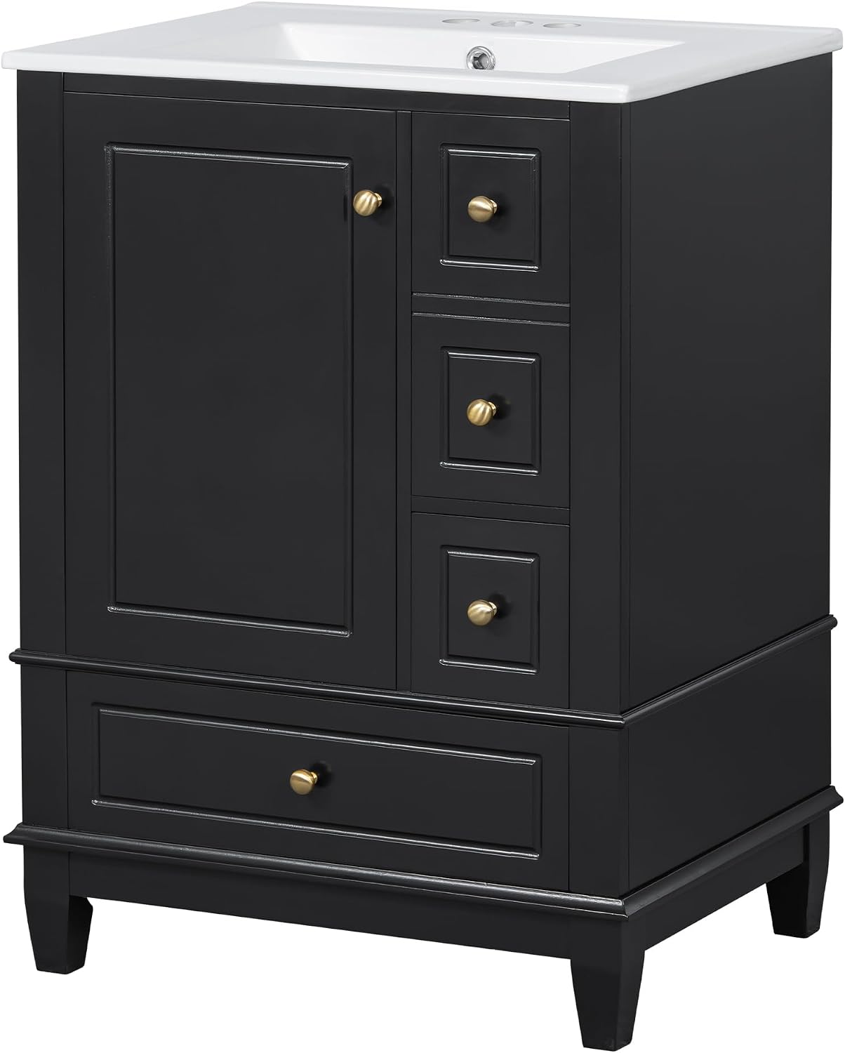 24 Inch Bathroom Vanity with Sink, Freestanding Bathroom Sink Cabinet with 3 Drawers and Storage Door Rack Organizer, Solid Wood Legs, Black