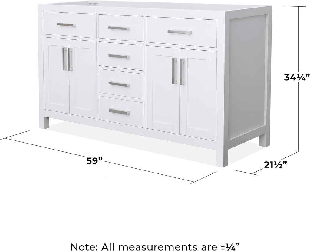 Wyndham Collection Beckett 60 Inch Double Bathroom Vanity in White, No Countertop, No Sinks, Brushed Nickel Trim