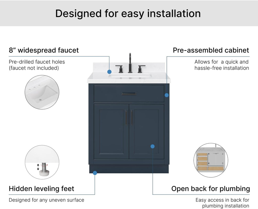 ARIEL Hepburn 30-inch Bathroom Vanity with Sink,Solid Wood, 1.5-inch Carrara White Quartz Countertop, Single Rectangular Porcelain Sink, 2 Soft Closing Doors, 1 Dovetail Drawers, Midnight Blue