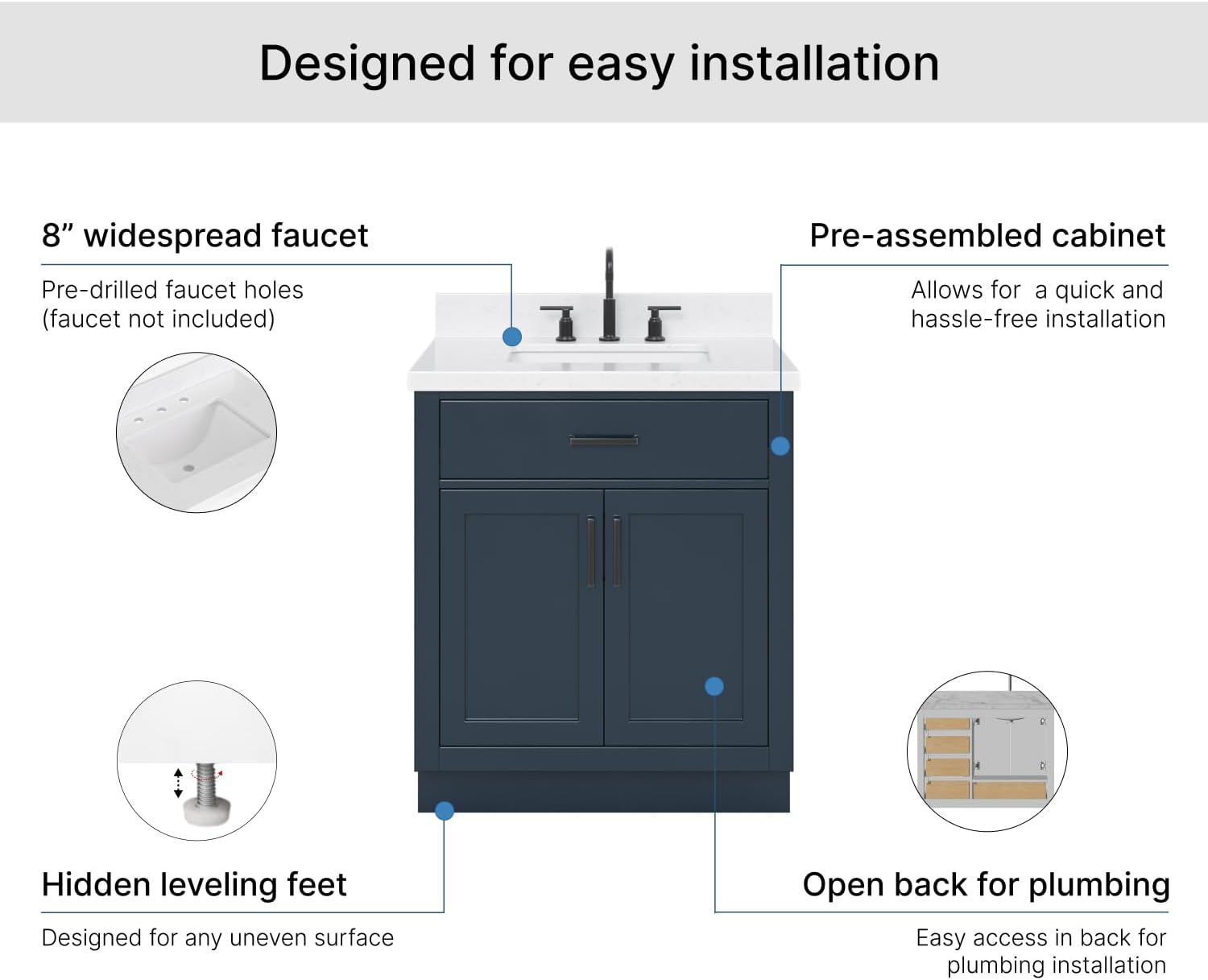 ARIEL Hepburn 30-inch Bathroom Vanity with Sink,Solid Wood, 1.5-inch Carrara White Quartz Countertop, Single Rectangular Porcelain Sink, 2 Soft Closing Doors, 1 Dovetail Drawers, Midnight Blue