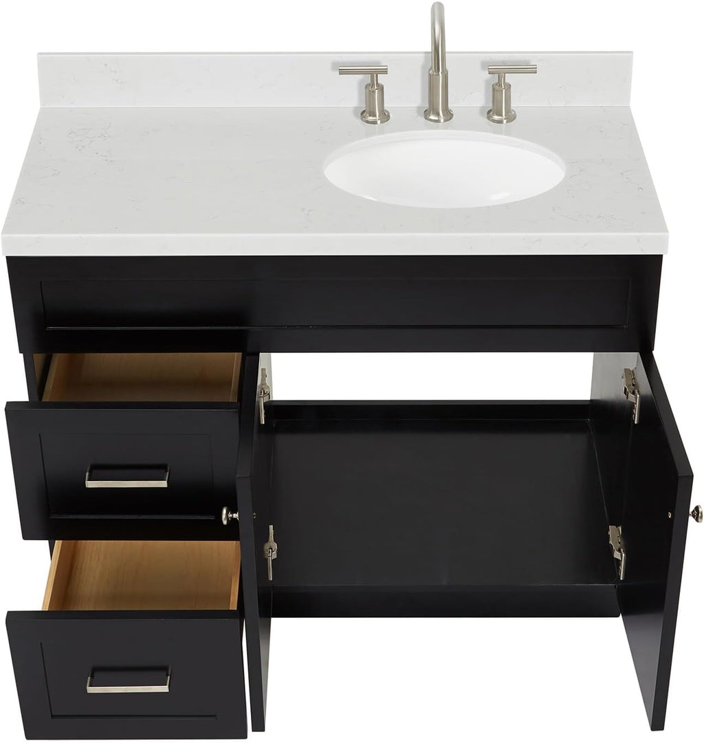 ARIEL Hamlet 42 in. Right Offset Oval Sink Bathroom Vanity with Carrara White Quartz Countertop 1.5 Edge in Black