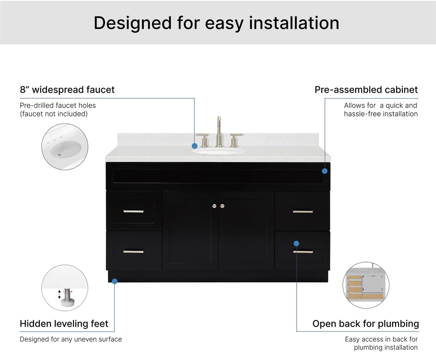 ARIEL Hamlet 60-inch Bathroom Vanity with Sink,Solid Wood, 1.5-inch Carrara White Quartz Countertop & Backsplash, Single Oval Porcelain Sink, 2 Soft Closing Doors, 4 Dovetail Drawers, Black