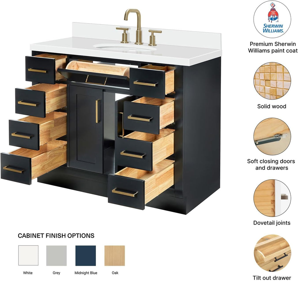 DKB Isabella 42-Inch Black Bathroom Vanity with Sink, White Quartz Countertop & 4' Backsplash, Oval Sink, Solid Wood Frame, Soft-Close Drawer, Premium Hardware