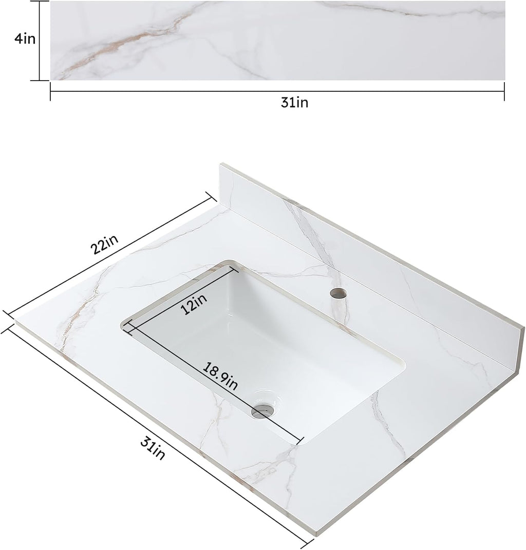 31 Inch Bathroom Vanity Top, Carrara Gold Sintered Stone Vanity Top with Rectangle Undermount Ceramic Sink and Top Backsplash, 31' Vanity Sink Top - Single Hole, No Cabinet