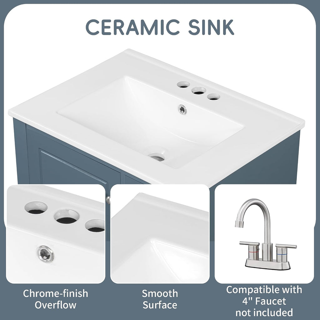 24' Modern Freestanding Bathroom Vanity with Ceramic Sink Top, 3 Drawers & Storage Shelves - MDF & Solid Wood Base, Left Blue
