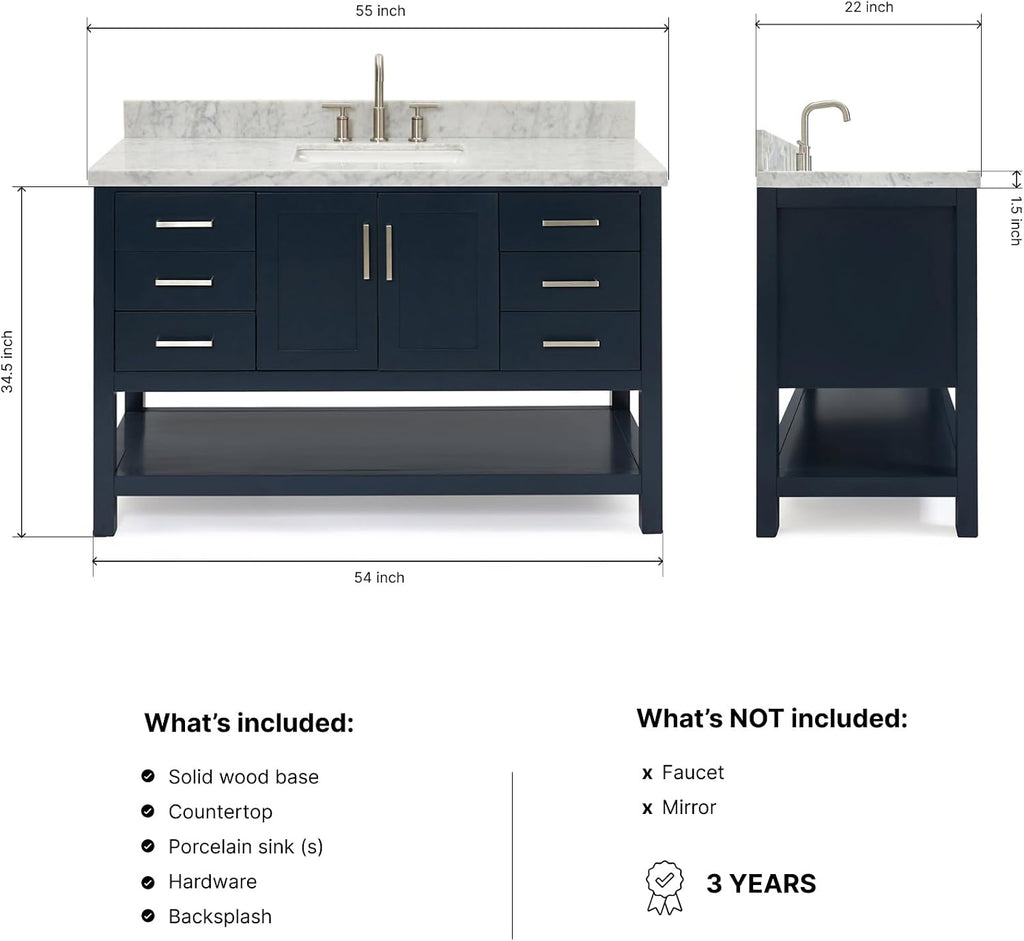 ARIEL Magnolia 54-inch Bathroom Vanity with Sink,Solid Wood, 1.5-inch Italian Carrara Marble Countertop, Single Rectangular Porcelain Sink, 2 Soft Closing Doors, 6 Dovetail Drawers, Midnight Blue