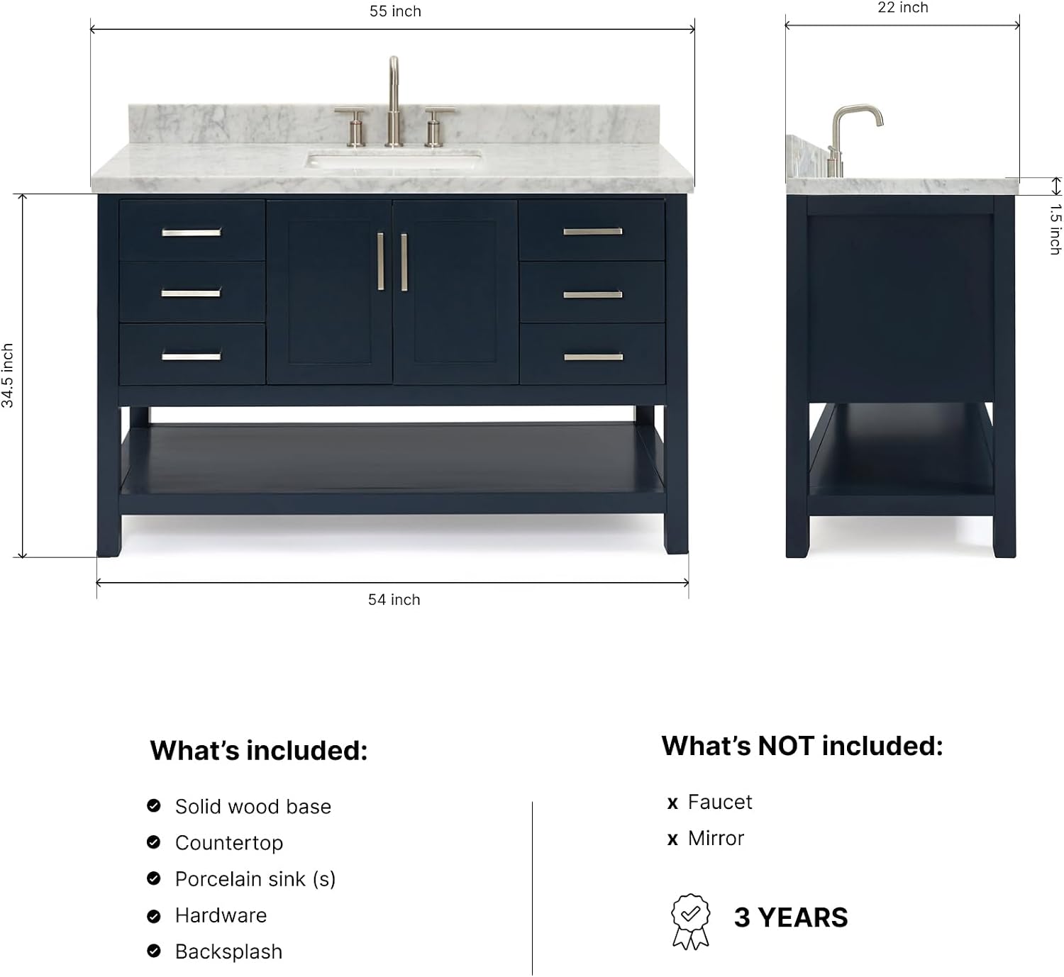 ARIEL Magnolia 54-inch Bathroom Vanity with Sink,Solid Wood, 1.5-inch Italian Carrara Marble Countertop, Single Rectangular Porcelain Sink, 2 Soft Closing Doors, 6 Dovetail Drawers, Midnight Blue