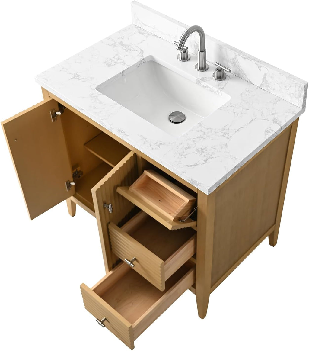 HOMEBEYOND 36' Bathroom Vanity with Sink, Solid Wood Bathroom Vanity Free-Standing Cabinet, Drawers, Ceramic Top & Soft Closing Door, Golden Brushed Handware, Natural Oak