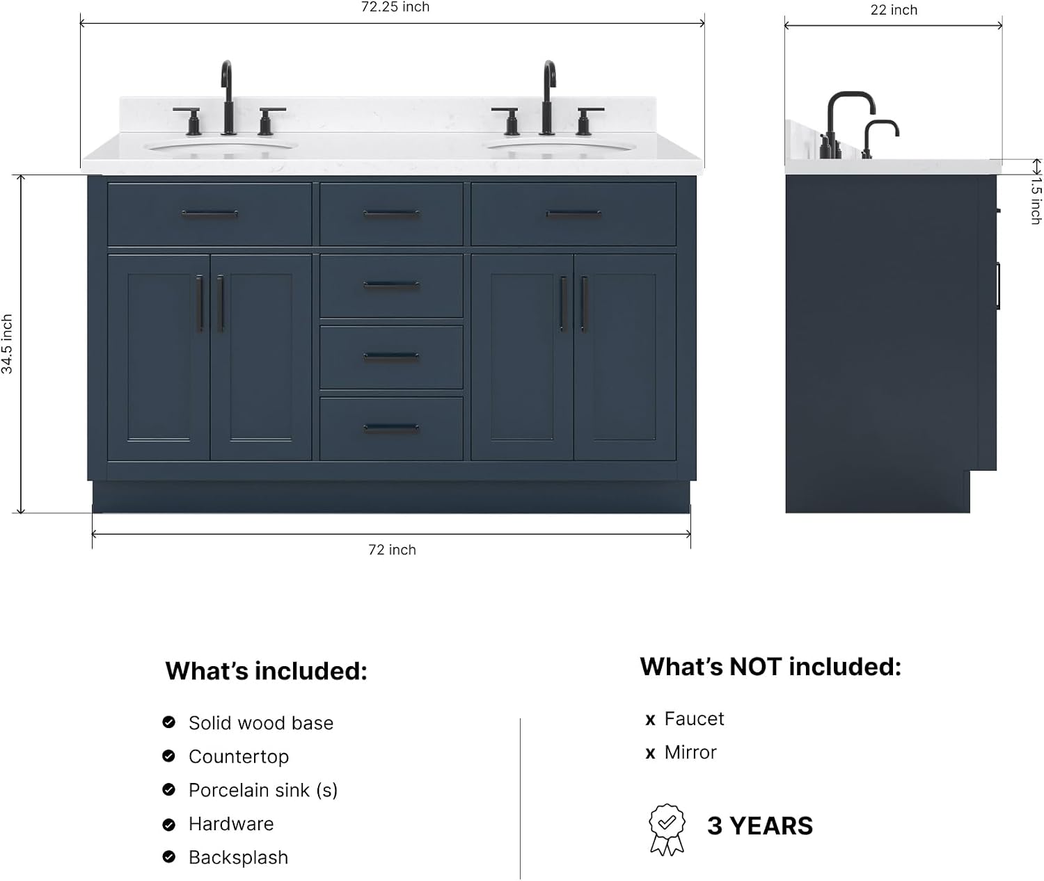 ARIEL Hepburn 72-inch Bathroom Vanity with Sink,Solid Wood, 1.5-inch Carrara White Quartz Countertop, Double Oval Porcelain Sink, 4 Soft Closing Doors, 6 Dovetail Drawers, Midnight Blue