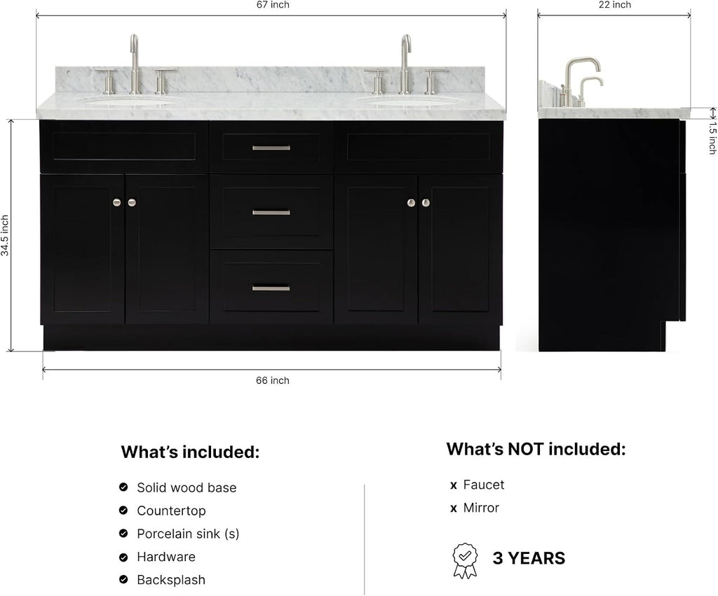 ARIEL Hamlet 66-inch Bathroom Vanity with Sink,Solid Wood, 1.5-inch Italian Carrara Marble Countertop & Backsplash, Double Oval Porcelain Sink, 4 Soft Closing Doors, 3 Dovetail Drawers, Black