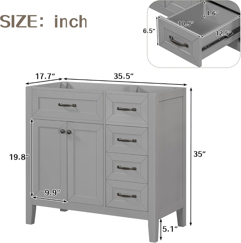 36 Inch Bathroom Vanity Without Sink, Base Only, Storage Cabinet with Doors and Drawers, Grey