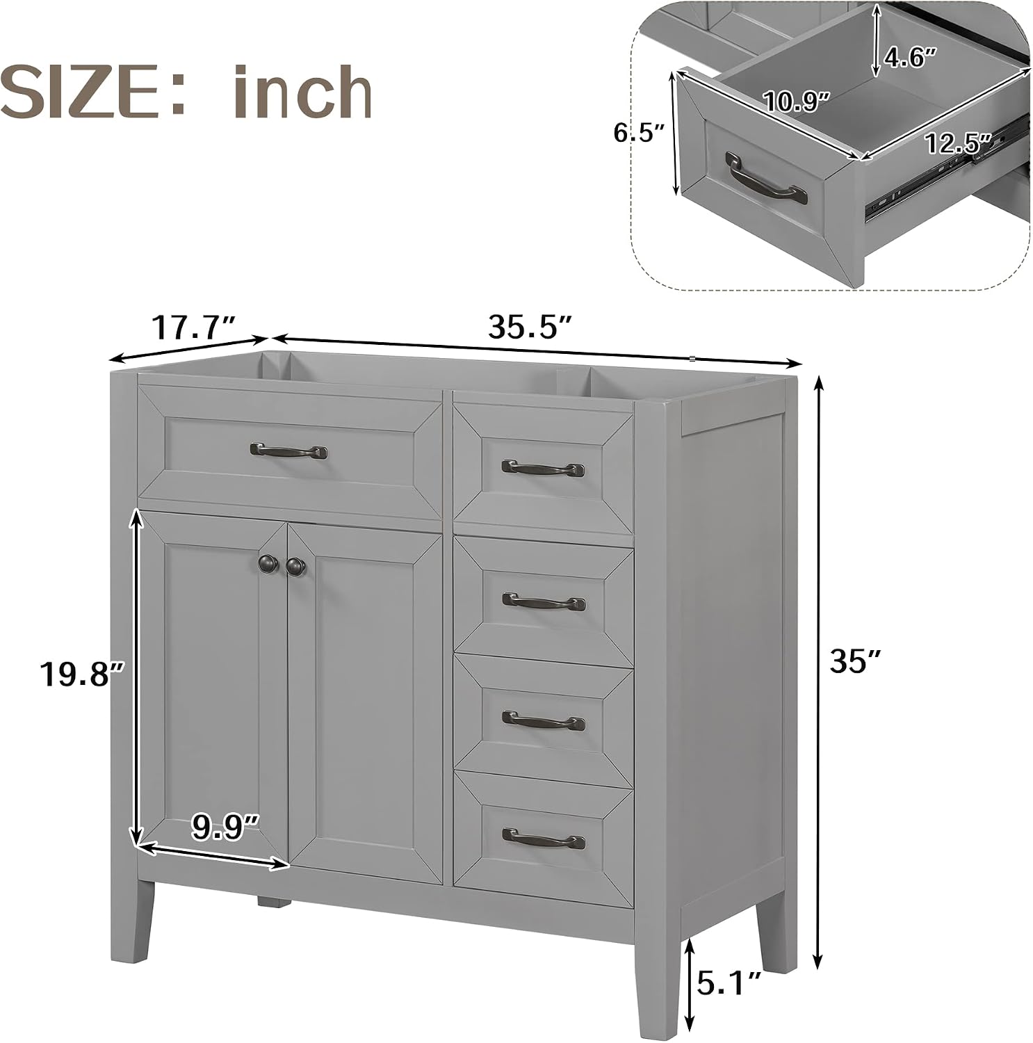 36 Inch Bathroom Vanity Without Sink, Base Only, Storage Cabinet with Doors and Drawers, Grey