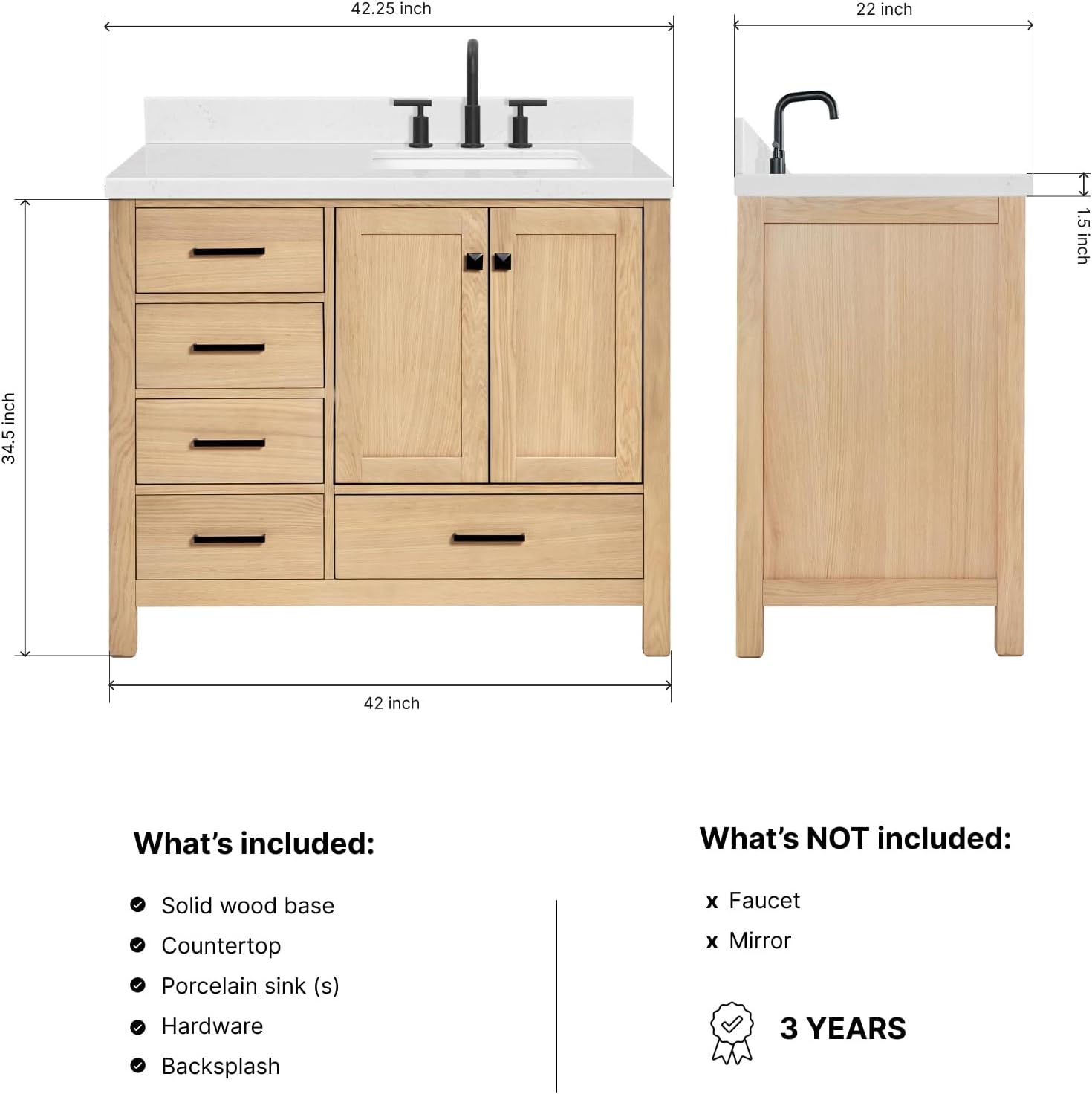 DKB Beckford 42-Inch Oak Bathroom Vanity with Sink, Carrara White Quartz Countertop & 4' Backsplash, Soft Closing Door & Drawer, Matte Black Hardware