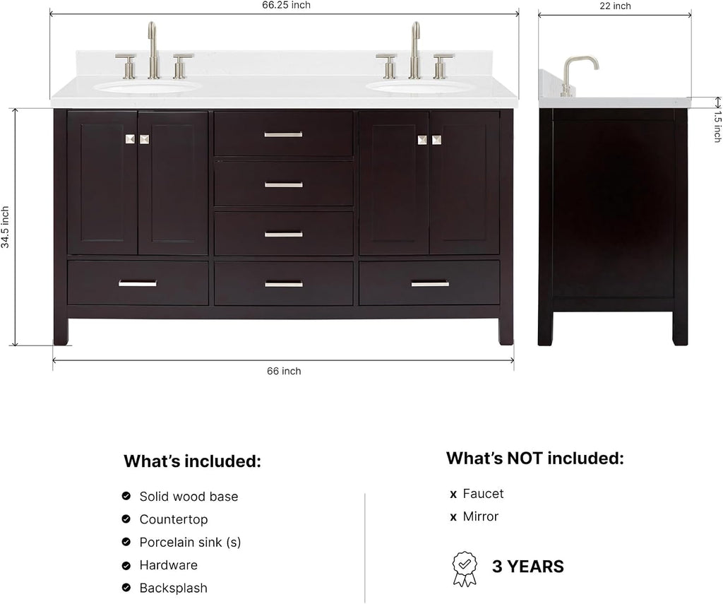ARIEL Cambridge 66-inch Bathroom Vanity with Sink,Solid Wood, 1.5-inch Carrara White Quartz Countertop & Backsplash, Double Oval Porcelain Sink, 4 Soft Closing Doors, 6 Dovetail Drawers, Espresso