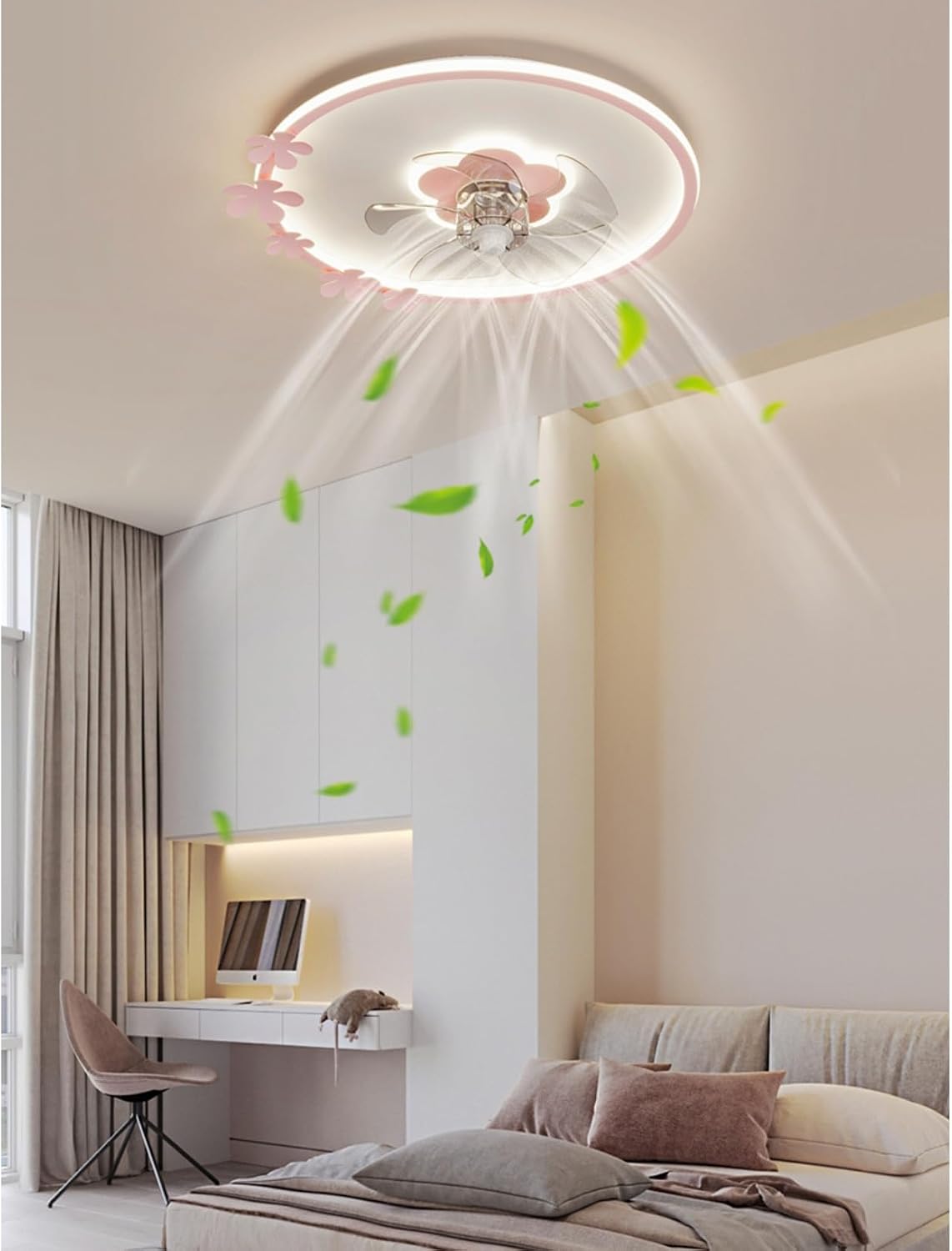 20' Pink Flush Mount Ceiling Fan with Lights Remote Control Girls Ceiling Fan with Lights for Bedroom Flower Shape Timing Dimmable LED Ceiling Fan Light for Kids Room Children Nursery