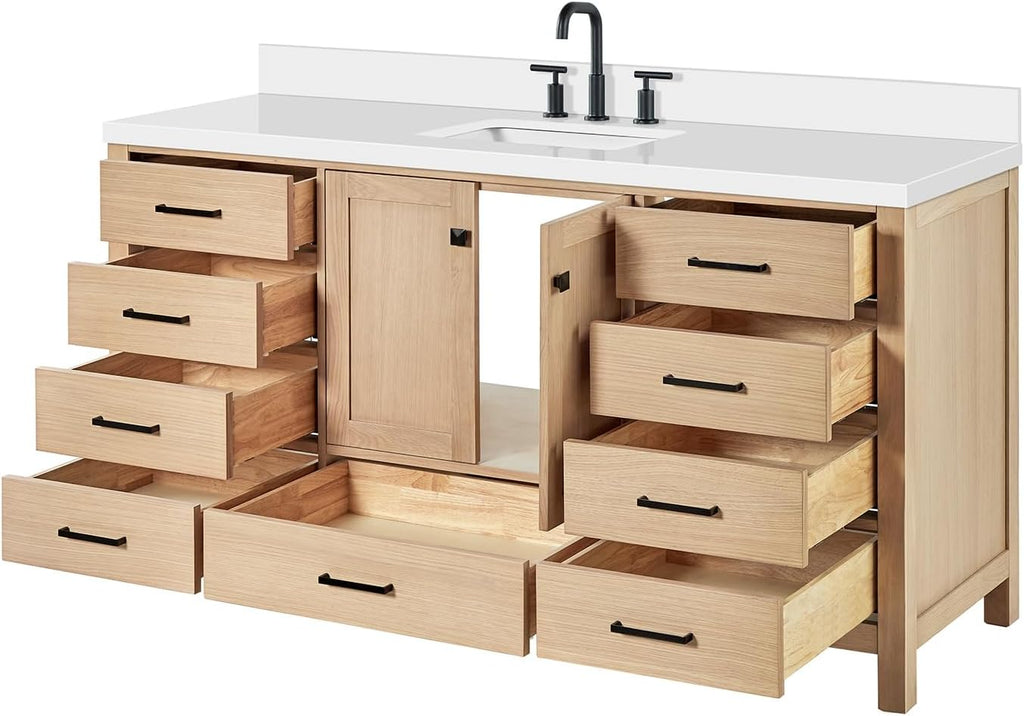 ARIEL Cambridge 66-inch Bathroom Vanity with Sink,Solid Wood, 1.5-inch Pure White Quartz Countertop, Single Rectangular Porcelain Sink, 2 Soft Closing Doors, 9 Dovetail Drawers, White Oak