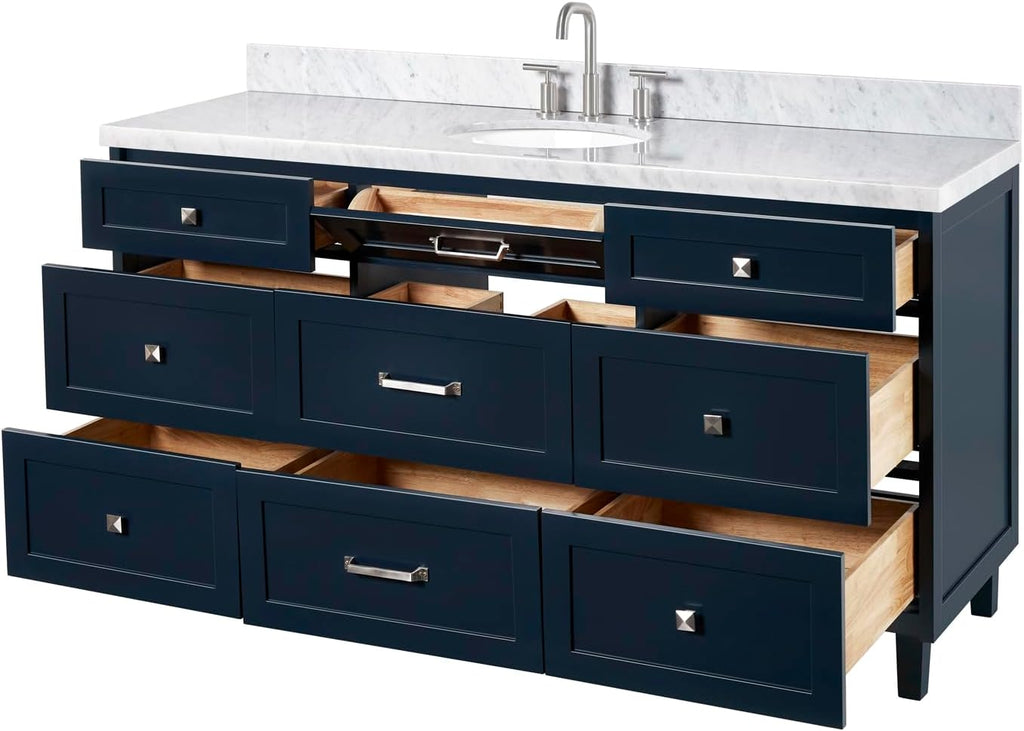 ARIEL Monroe 66-inch Bathroom Vanity with Sink,Solid Wood, 1.5-inch Italian Carrara Marble Countertop & Backsplash, Single Oval Porcelain Sink, 9 Dovetail Drawers, Midnight Blue