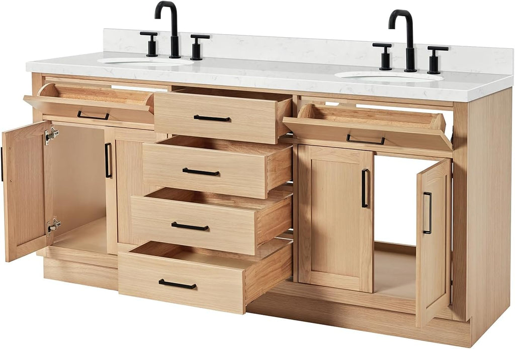 ARIEL Hepburn 72-inch Bathroom Vanity with Sink,Solid Wood, 1.5-inch Carrara White Quartz Countertop & Backsplash, Double Oval Porcelain Sink, 4 Soft Closing Doors, 6 Dovetail Drawers, White Oak